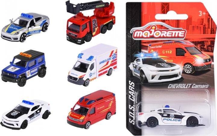 Surtido Majorette S.O.S. Cars con autos de policía, bomberos y ambulancia junto a un blíster