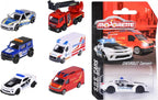 Surtido Majorette S.O.S. Cars con autos de policía, bomberos y ambulancia junto a un blíster
