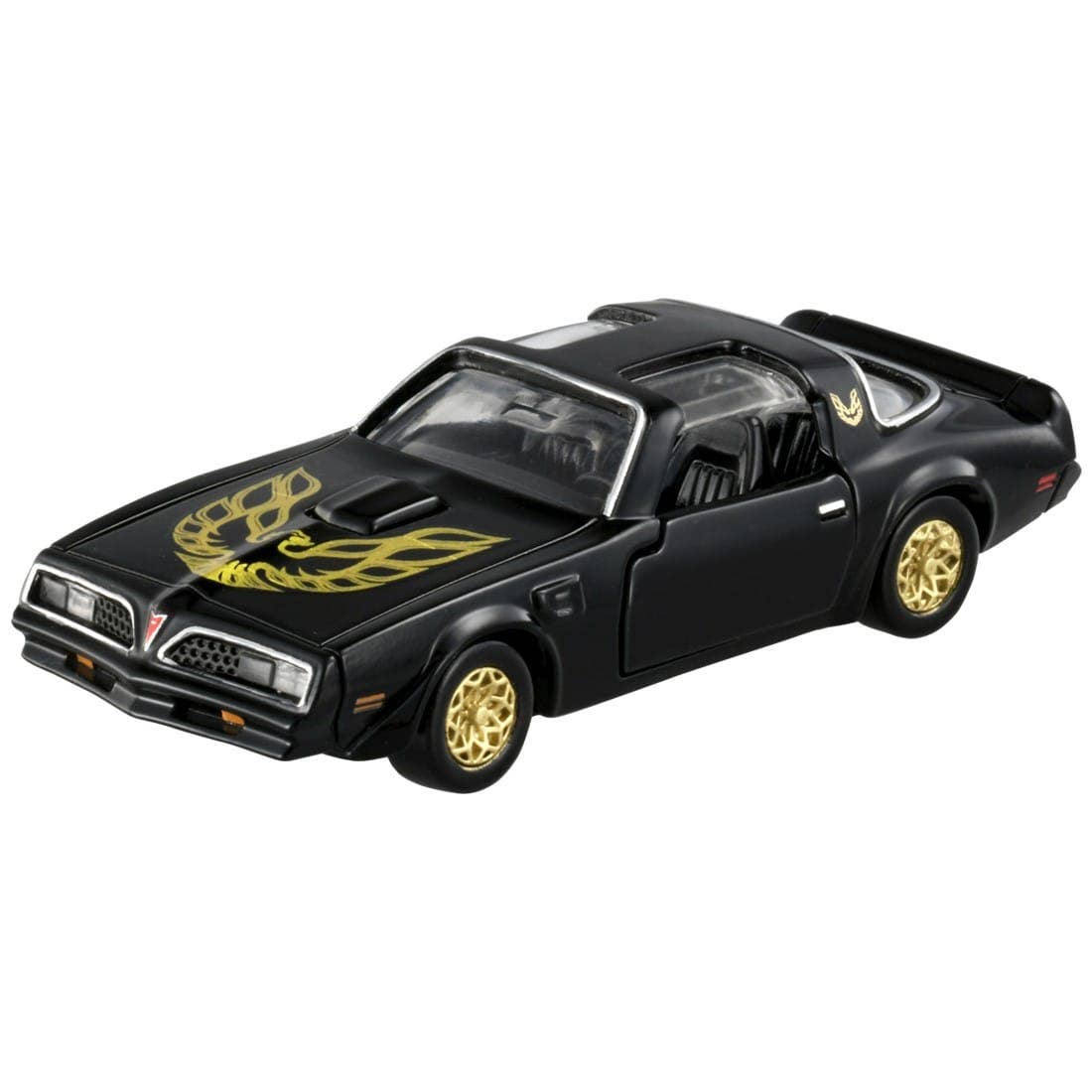 Auto Pontiac Firebird negro Tomica Premium con pájaro dorado en el capó y llantas doradas