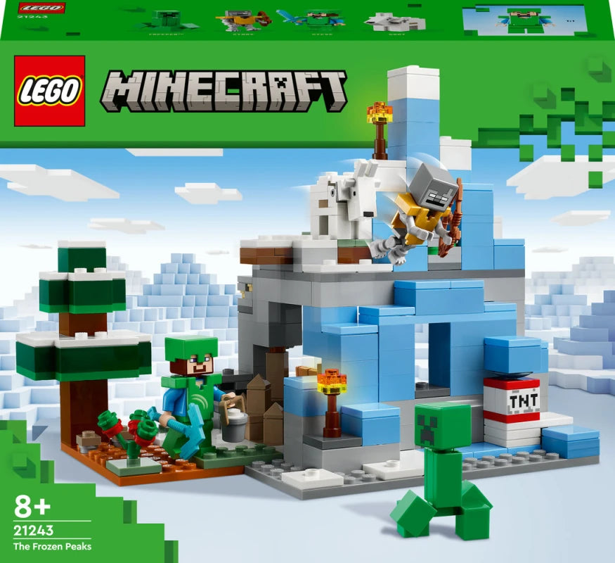 Caja del set LEGO Minecraft Los Picos de Hielo 21243 con figura de Steve