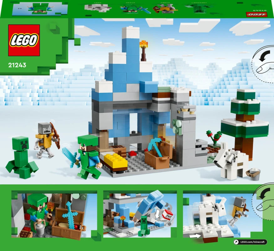 Reverso de la caja LEGO 21243 con funciones del set de montaña nevada
