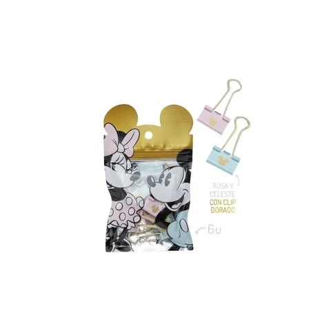 Set de 6 clips grandes Mickey y Minnie en bolsa, con clips rosa y celeste de detalle dorado