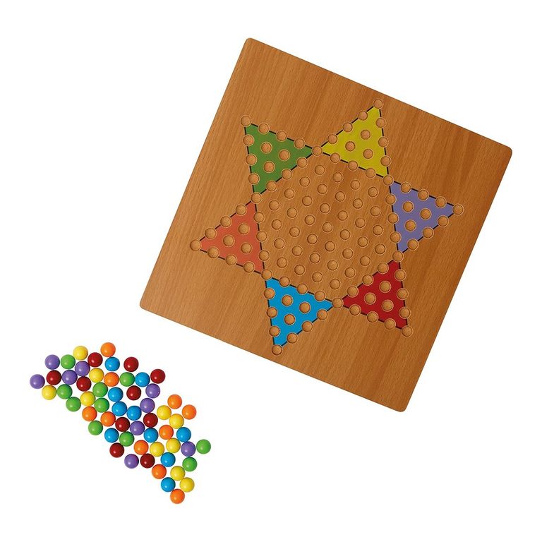 Tablero de damas chinas de madera con estrella de colores y bolitas sueltas