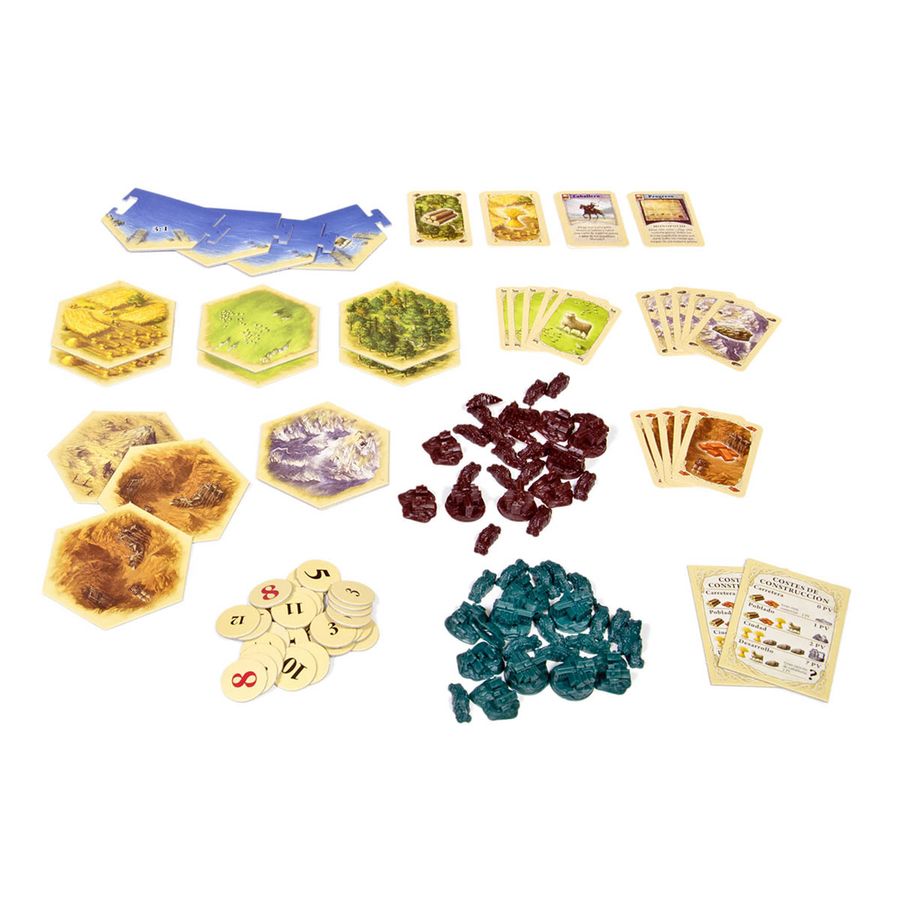 Componentes de la ampliación Catan: hexágonos, cartas, fichas y piezas café y verde
