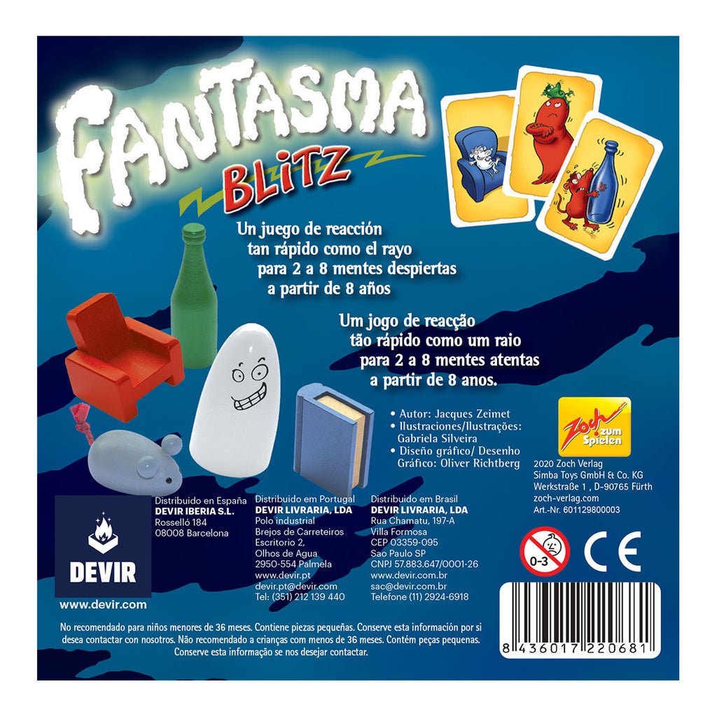 Reverso de la caja de Fantasma Blitz con objetos y cartas de ejemplo