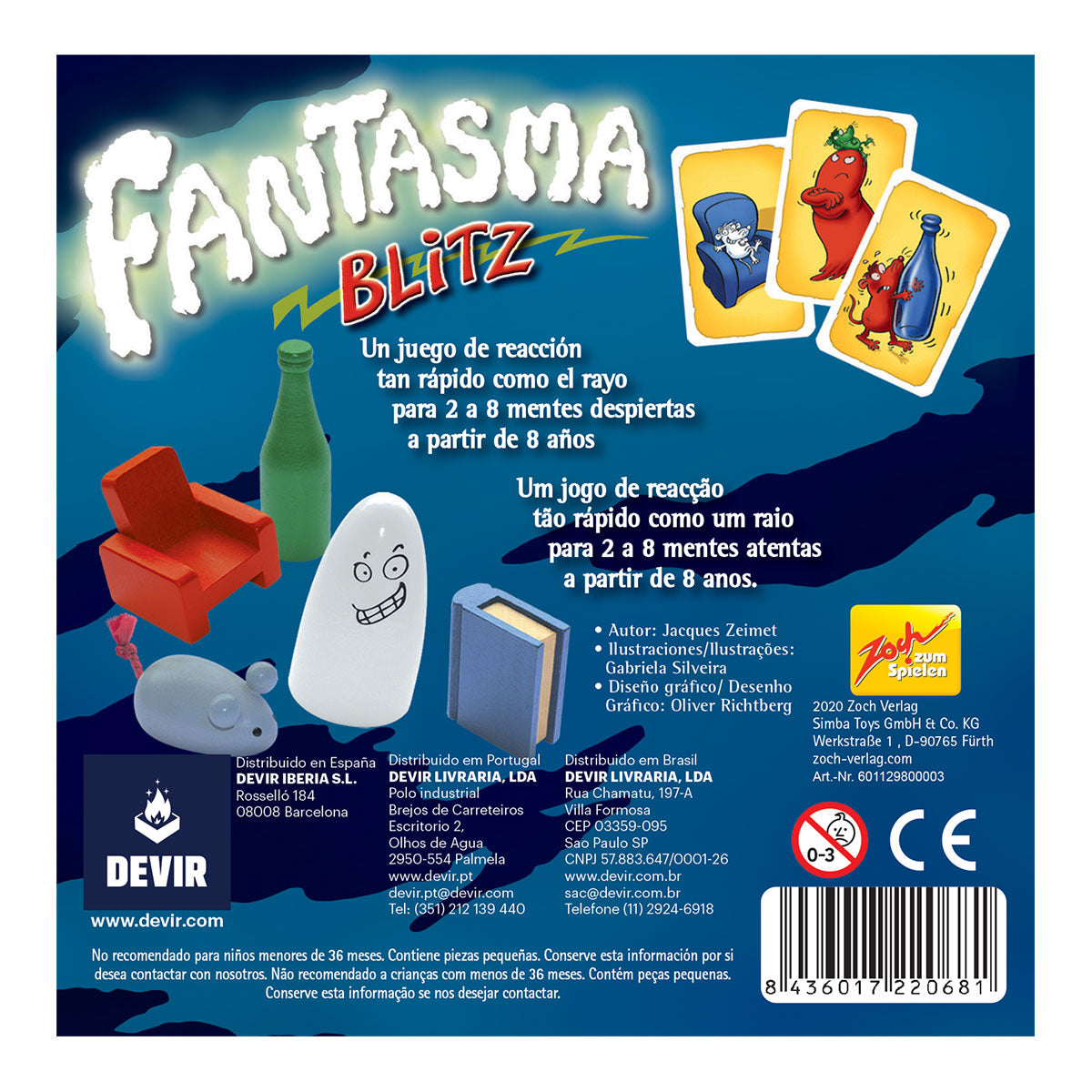 Reverso de la caja de Fantasma Blitz con objetos y cartas de ejemplo