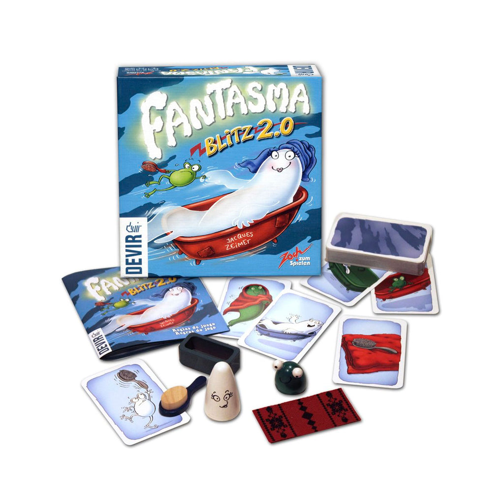 Componentes de Fantasma Blitz 2.0: cartas, fantasma, rana, cepillo, toalla, tina y reglamento