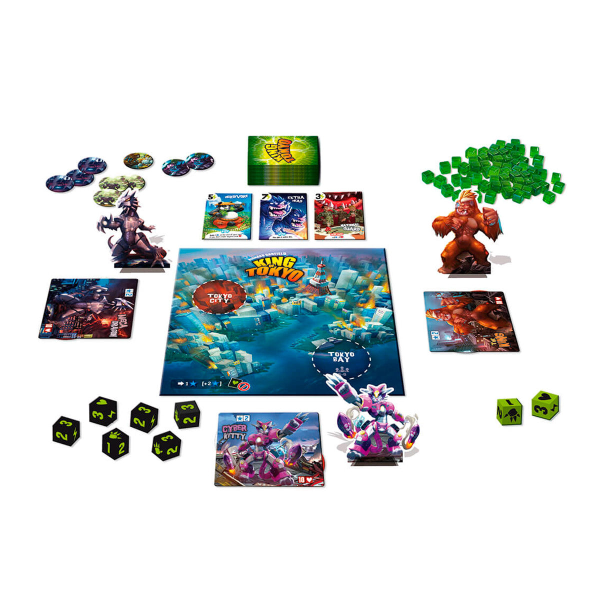 Componentes de King of Tokyo: tablero, figuras de monstruos, dados verdes y cartas
