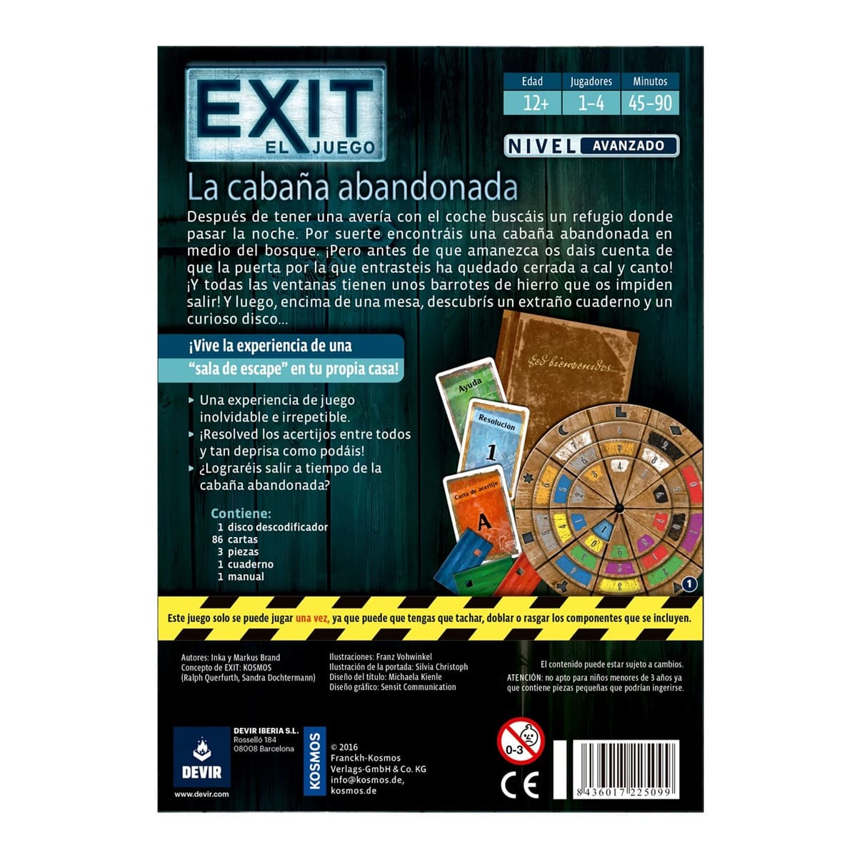 Reverso de la caja de Exit La cabaña abandonada con historia y contenido del juego