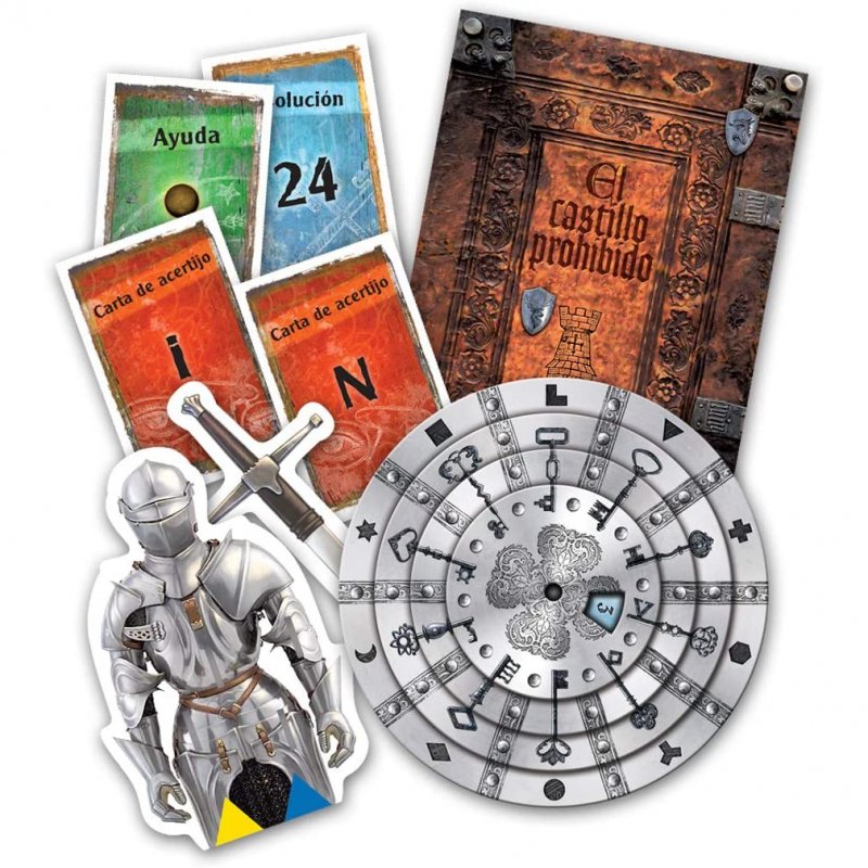 Componentes de Exit El castillo prohibido: cartas de acertijo, libreta y disco descodificador