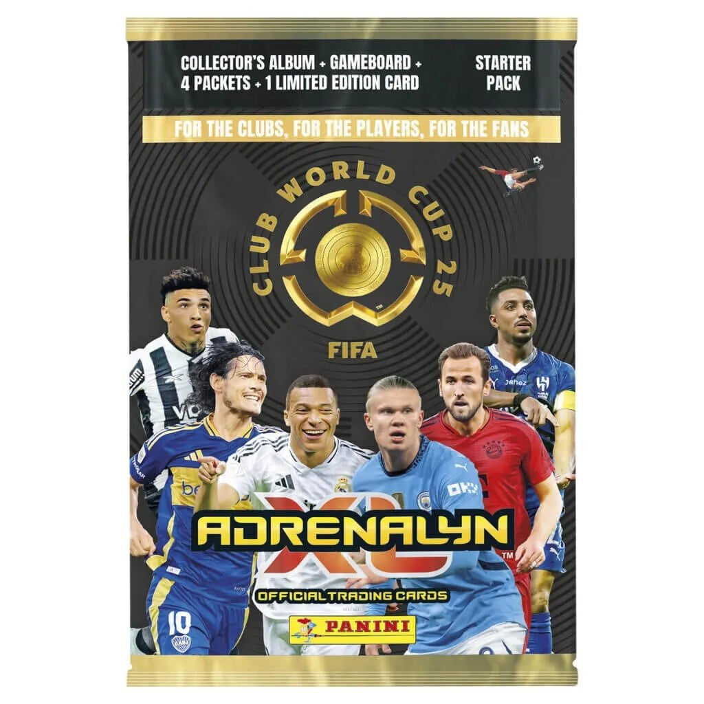 Empaque del starter pack Panini Adrenalyn XL Club World Cup 25 con álbum, tablero y 4 sobres