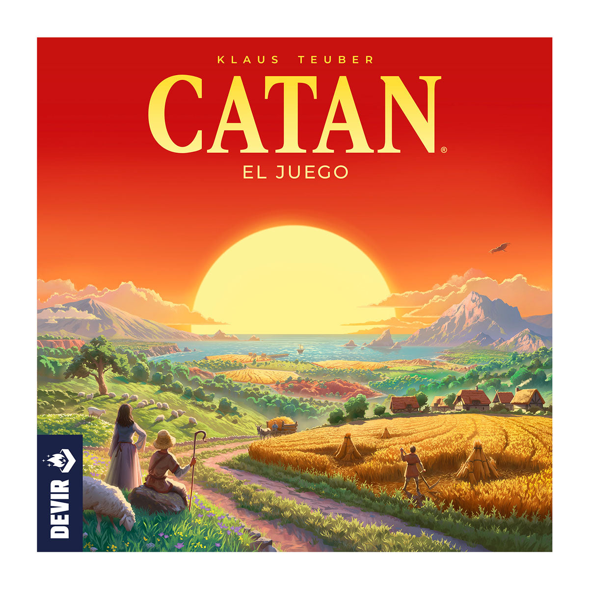 Portada de Catan El Juego con atardecer sobre campos de cultivo