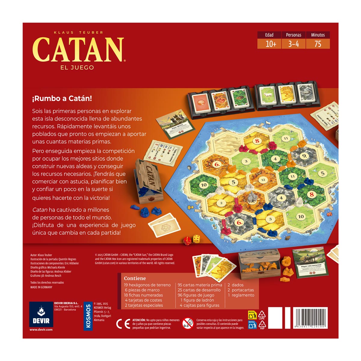 Reverso de la caja de Catan con el tablero de hexágonos y componentes