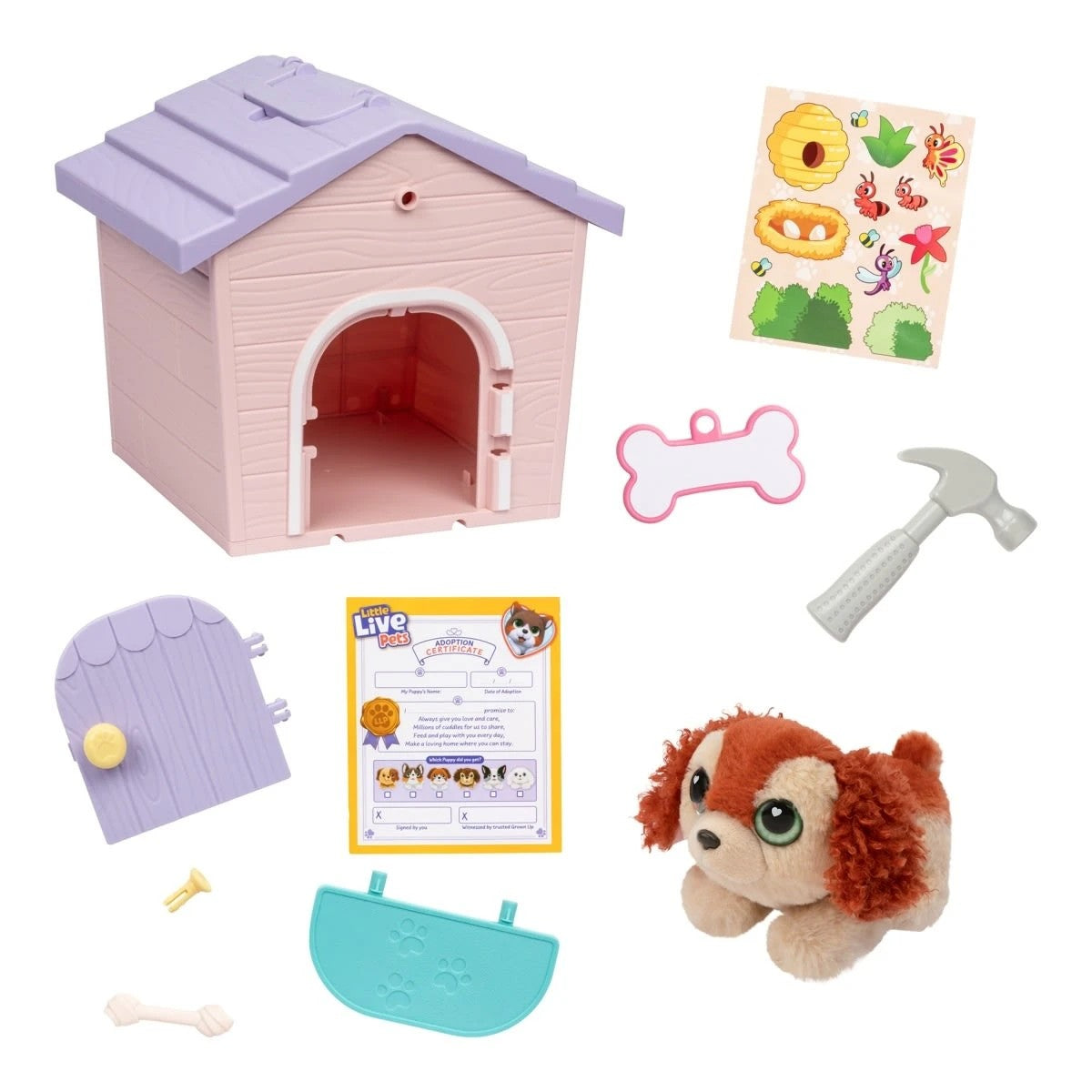 Contenido del set: casita de techo morado, martillo, hueso, stickers y perrito
