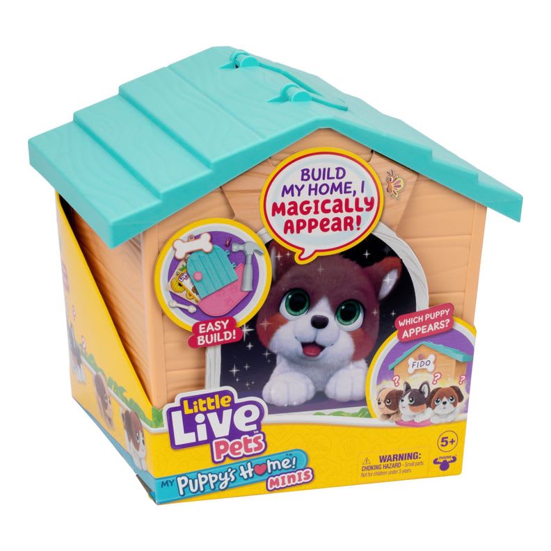 Caja de la casa de mi perrito Minis con techo turquesa y perrito asomado