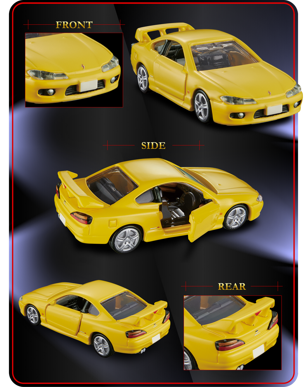Vistas frontal, lateral y trasera del Nissan Silvia S15 Tomica Premium con puertas abiertas