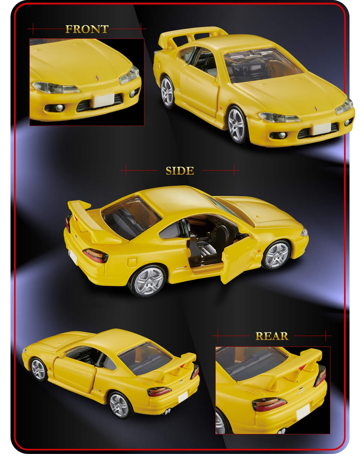 Vistas frontal, lateral y trasera del Nissan Silvia S15 Tomica Premium con puertas abiertas