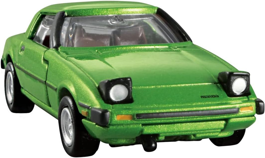 Mazda Savanna RX-7 Tomica Premium con faros abatibles levantados, vista frontal