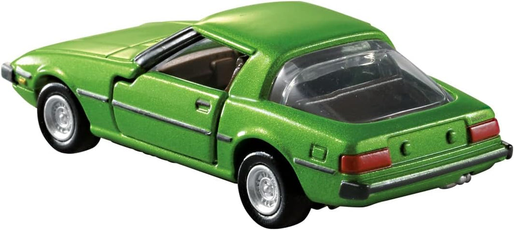 Vista trasera del auto a escala Mazda Savanna RX-7 SA22C verde de Tomica Premium