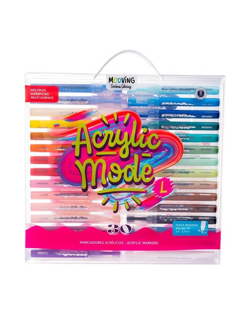 Estuche transparente Mooving Acrylic Mode con 30 marcadores acrílicos de colores y manilla