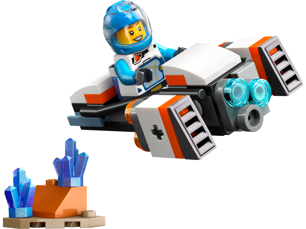Moto flotante espacial LEGO armada con minifigura astronauta y cristales azules