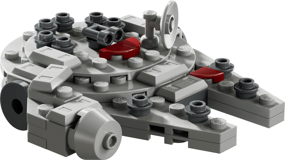 Minimodelo LEGO del Halcón Milenario armado en gris con detalles rojos
