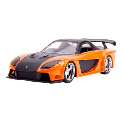 Mazda RX-7 de Han escala 1:32 naranjo y negro visto en diagonal