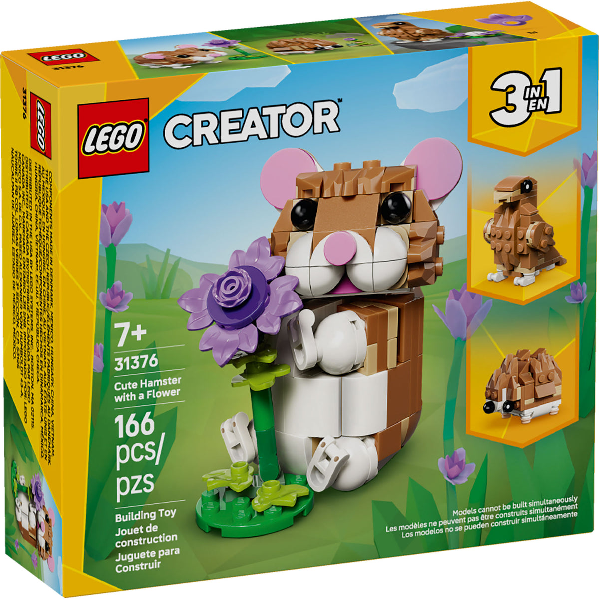 Caja del set LEGO Creator 3 en 1 Lindo hámster con flor 31376 de 166 piezas