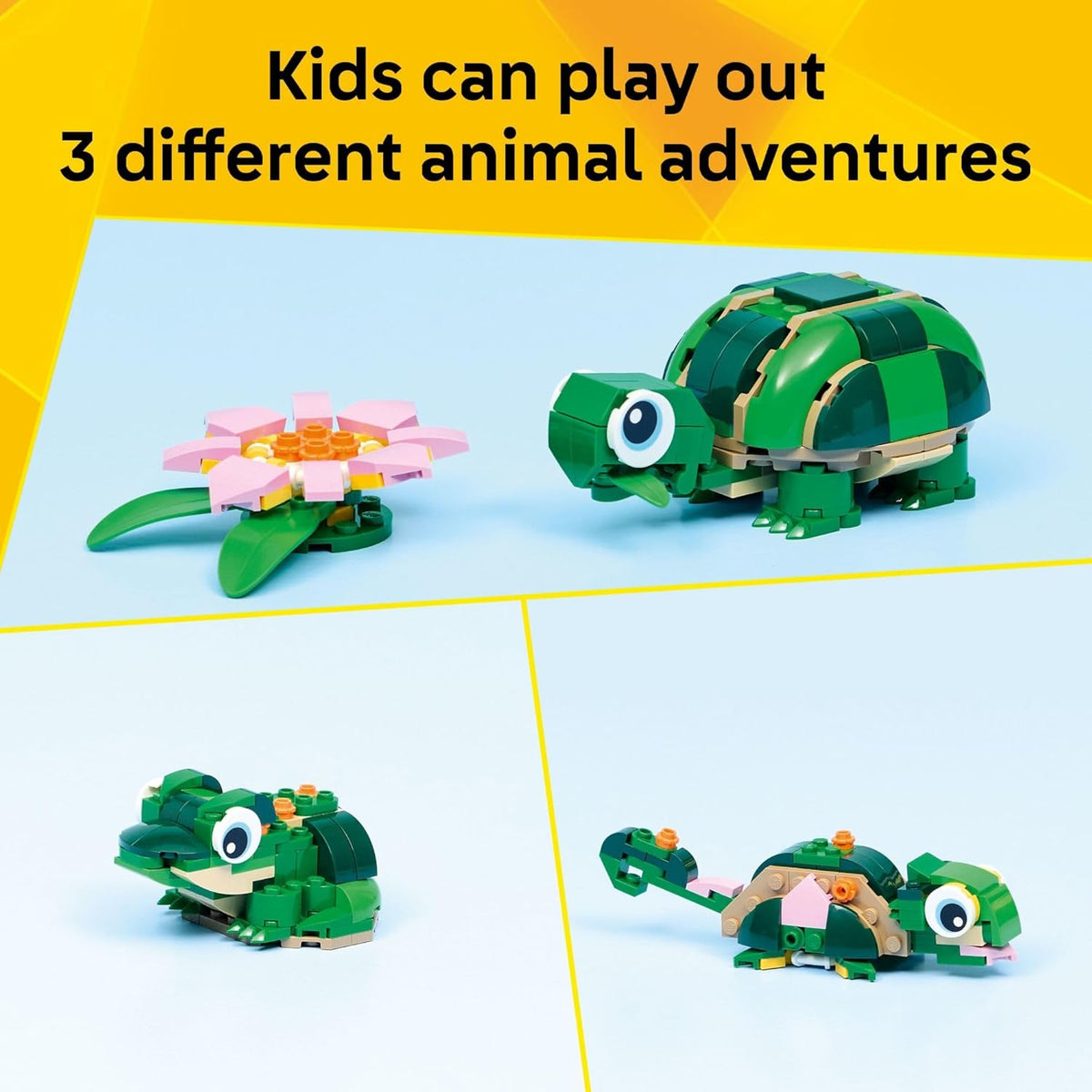 Tortuga LEGO con flor de nenúfar, rana y camaleón, los tres modelos del set 3 en 1