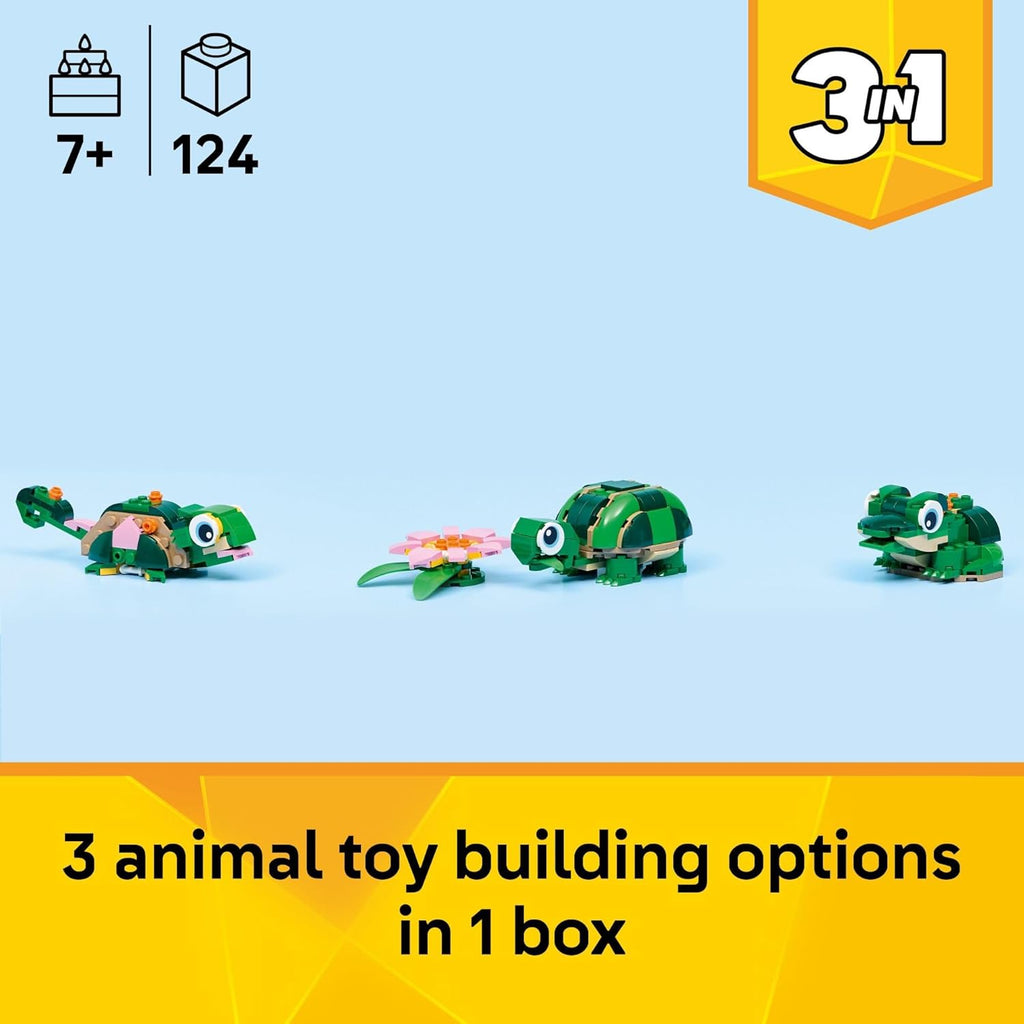 Los tres modelos LEGO 31377 en fila: camaleón, tortuga con nenúfar y rana, 7+ y 124 piezas