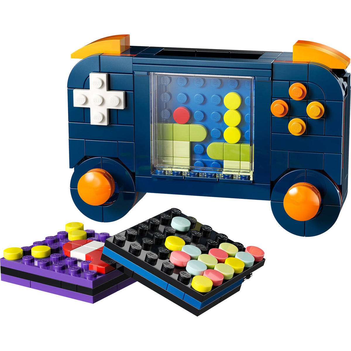 Consola portátil LEGO azul con controles naranjos y cartuchos de juego armados