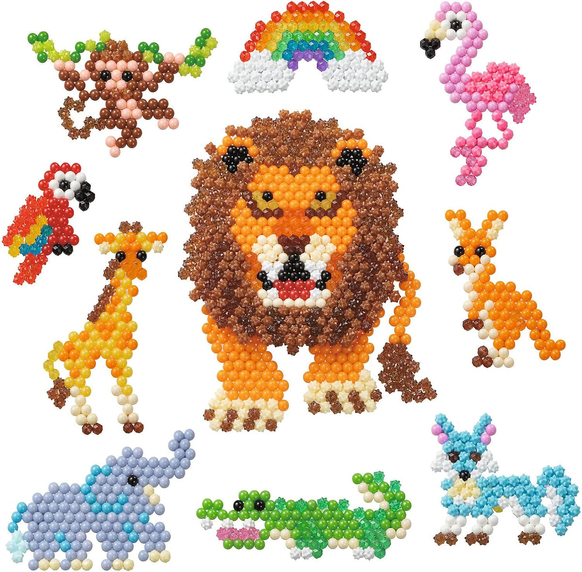 Animales de cuentas Aquabeads: león, jirafa, mono, flamenco, elefante y cocodrilo