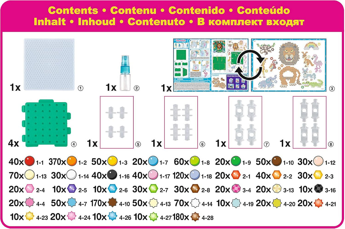 Contenido del set Aquabeads Safari salvaje con bandejas, pulverizador y cuentas