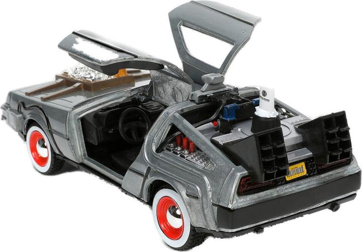 DeLorean Jada escala 1:32 con las puertas ala de gaviota abiertas y vista del interior
