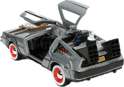 DeLorean Jada escala 1:32 con las puertas ala de gaviota abiertas y vista del interior