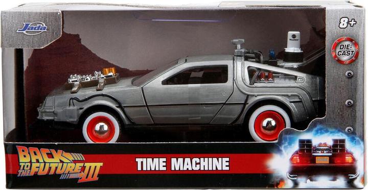 Caja Jada Back to the Future III Time Machine con el auto a la vista
