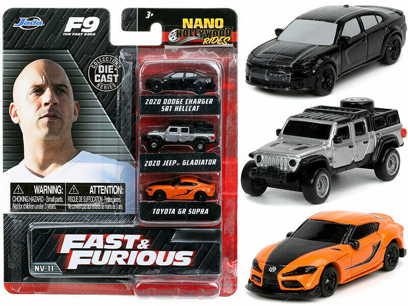 Blíster Jada Nano Hollywood Rides Fast & Furious F9 con Dodge Charger negro, Jeep Gladiator gris y Toyota Supra naranja