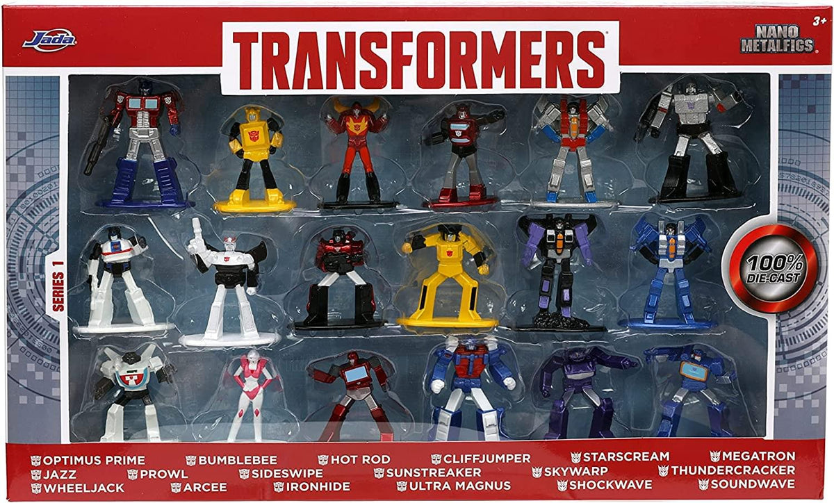 Caja Transformers Nano Metalfigs Serie 1 de Jada con 18 figuras de metal a la vista