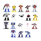 Las 18 figuras Nano Metalfigs Transformers G1 ordenadas en filas, de Optimus Prime a Soundwave
