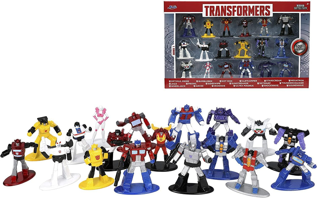 Grupo de minifiguras de metal Transformers Autobots y Decepticons con bases de colores