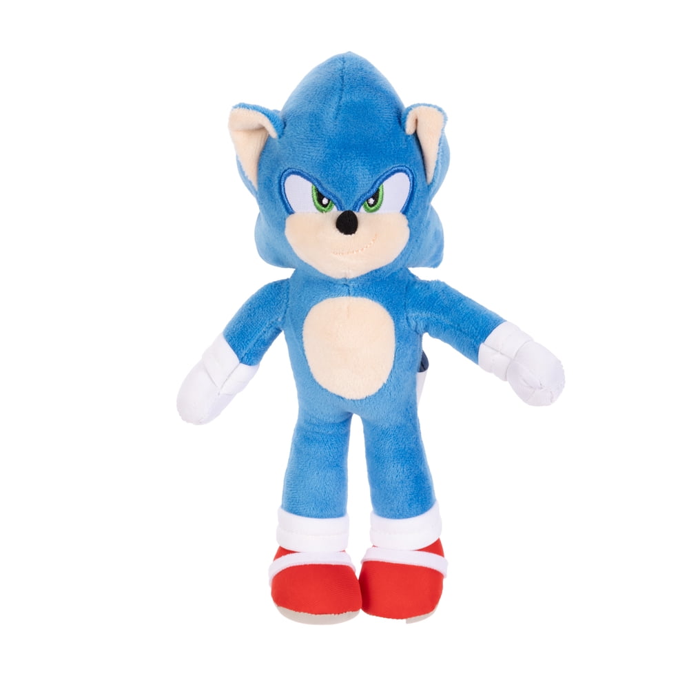 Peluche Sonic azul de 23 cm sin etiqueta, vista frontal sobre fondo blanco
