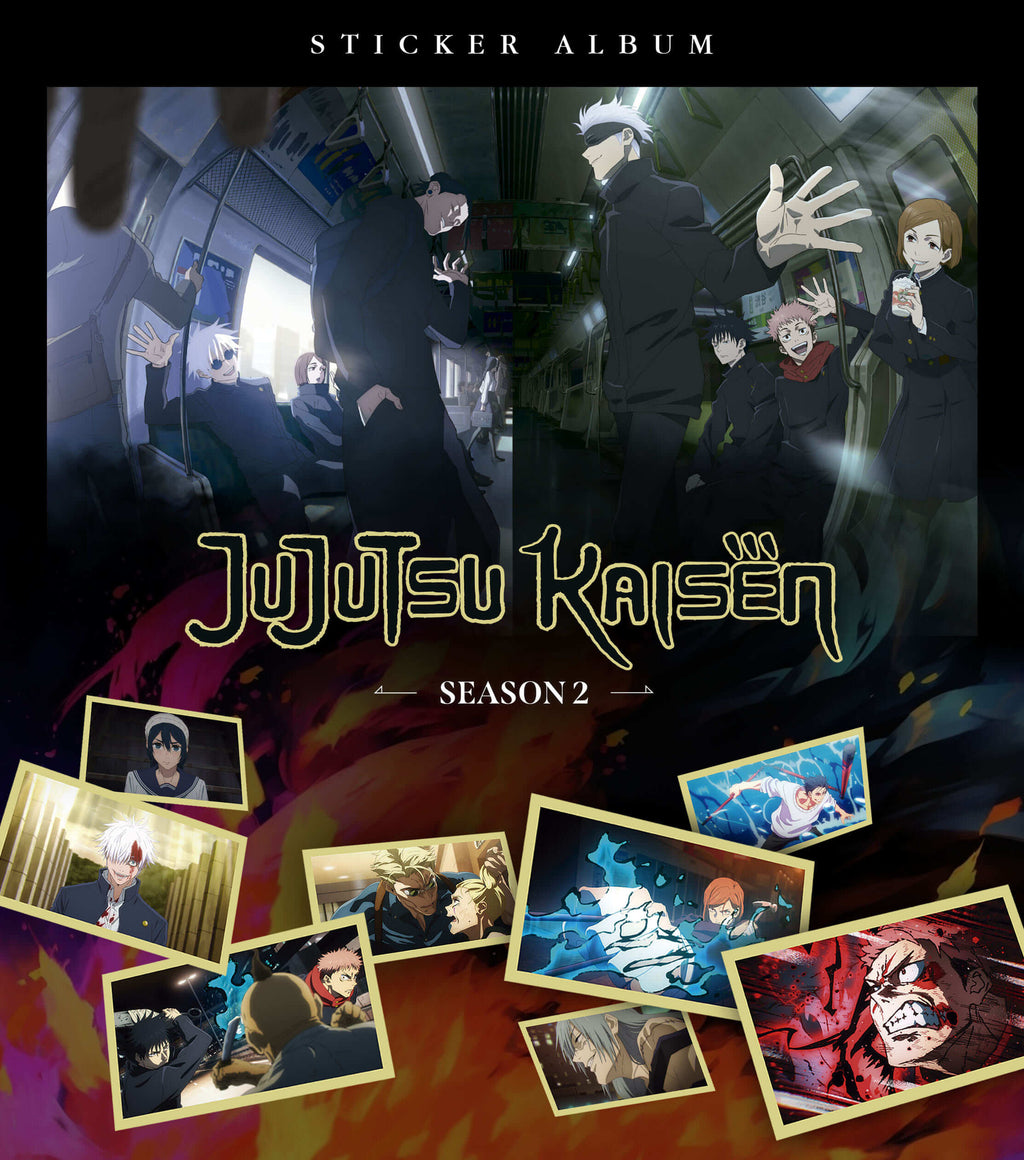 Portada del álbum de láminas Jujutsu Kaisen Season 2 con Gojo y estudiantes de hechicería