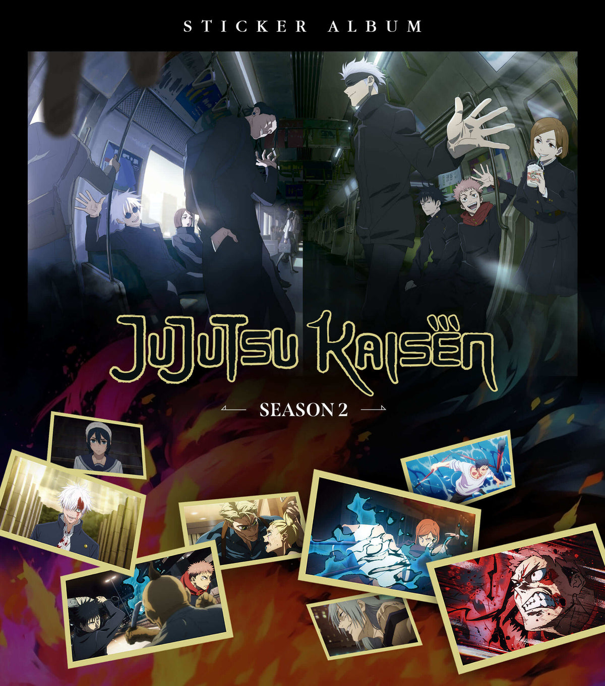 Portada del álbum de láminas Jujutsu Kaisen Season 2 con Gojo y estudiantes de hechicería
