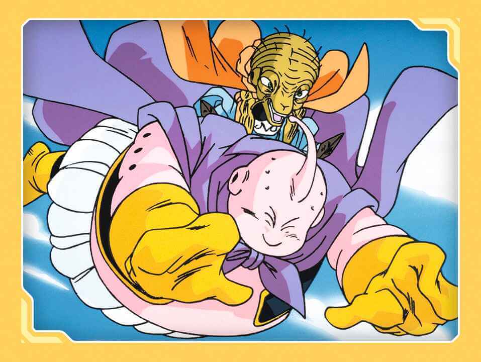 Lámina de Majin Buu volando con Babidi en la saga de Buu