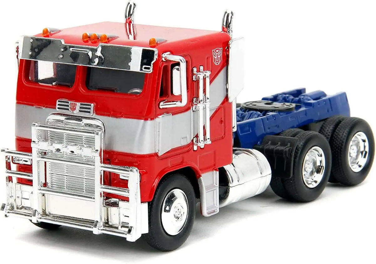 Camión Optimus Prime rojo con parrilla cromada y chasis azul de Jada escala 1:32