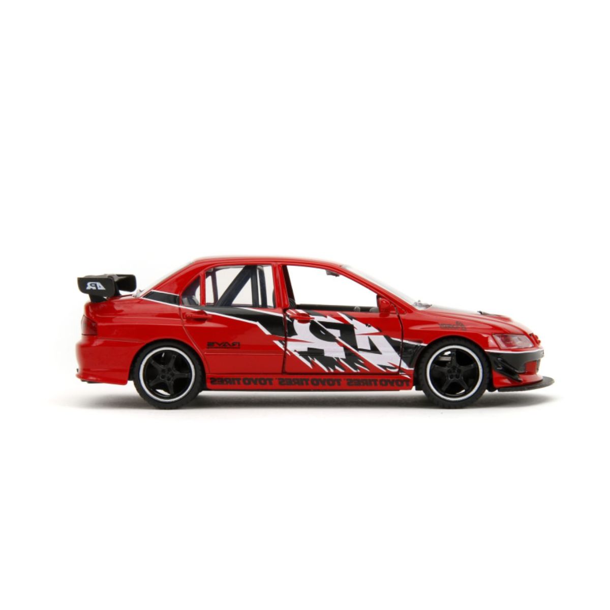 Vista lateral del Lancer Evo IX rojo con gráfica de carrera