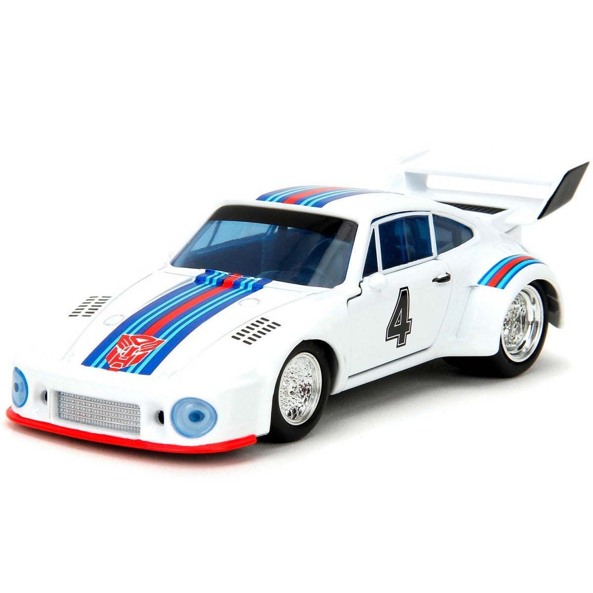 Auto Jazz Porsche 935 1976 Transformers escala 1:32 Jada, blanco con franjas y número 4, vista frontal