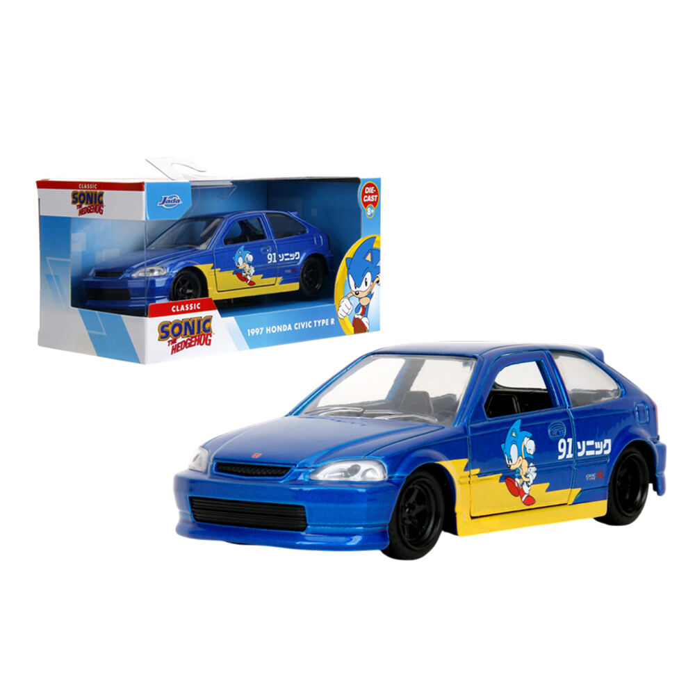 Caja con ventana Hollywood Rides de Sonic junto al auto Honda Civic 1:32