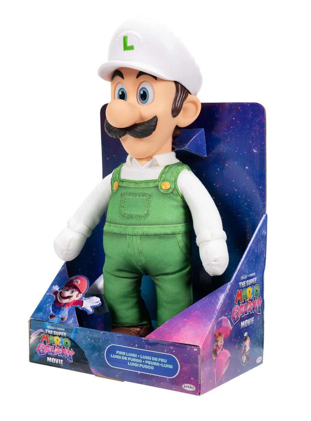 Peluche Luigi de fuego en su caja de The Super Mario Galaxy Movie