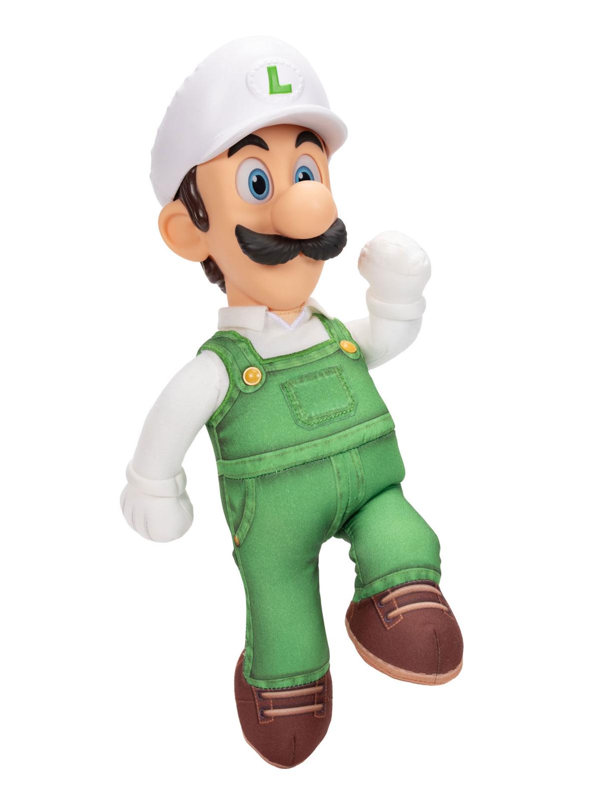 Peluche Luigi de fuego posando con el brazo levantado